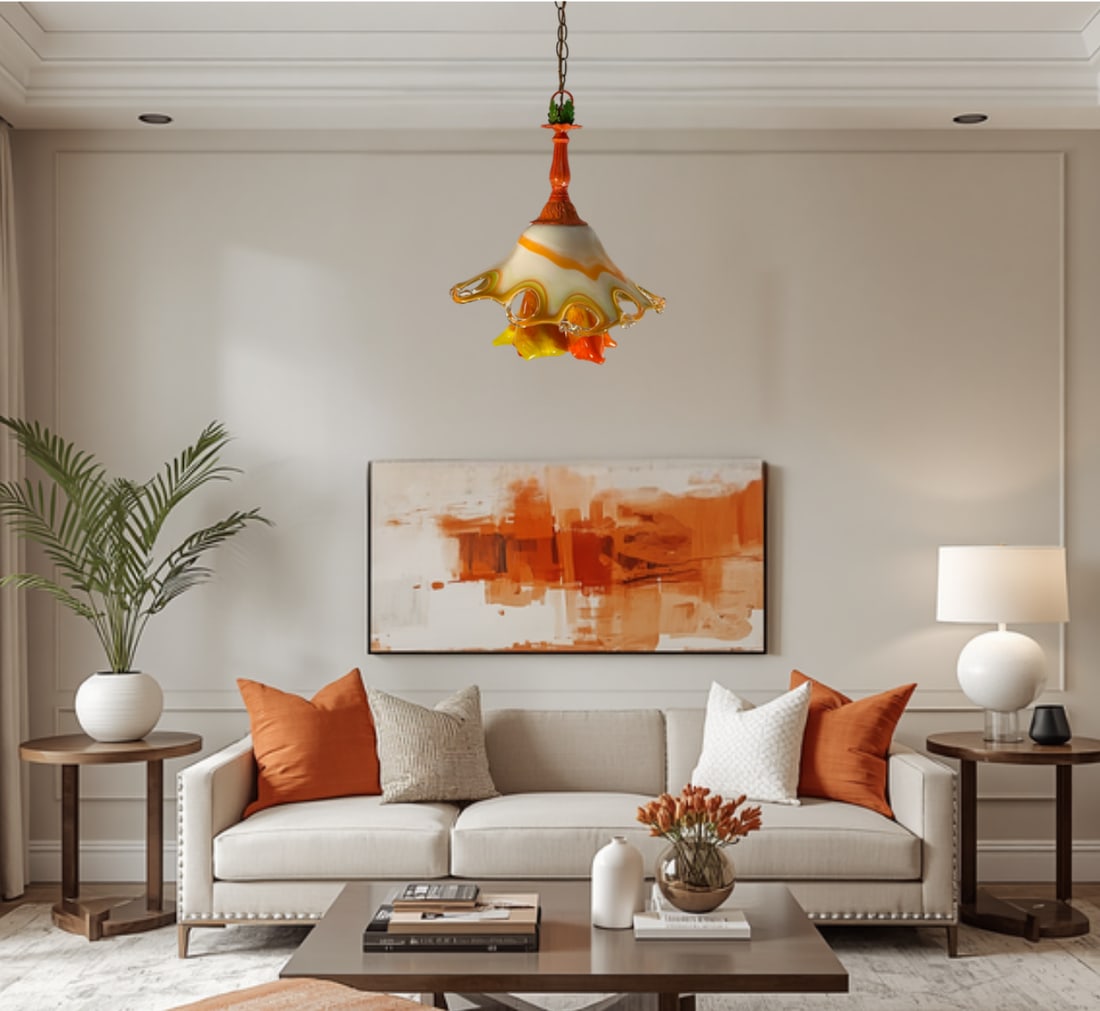 Murano Art Glass Looped Abstract Orange White Pendant Light - 2