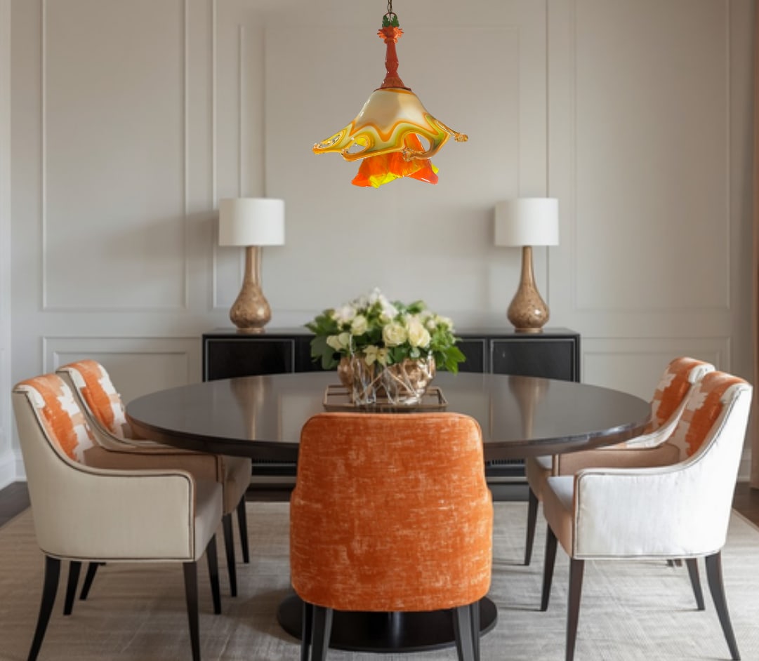 Murano Art Glass Looped Abstract Orange White Pendant Light - 4