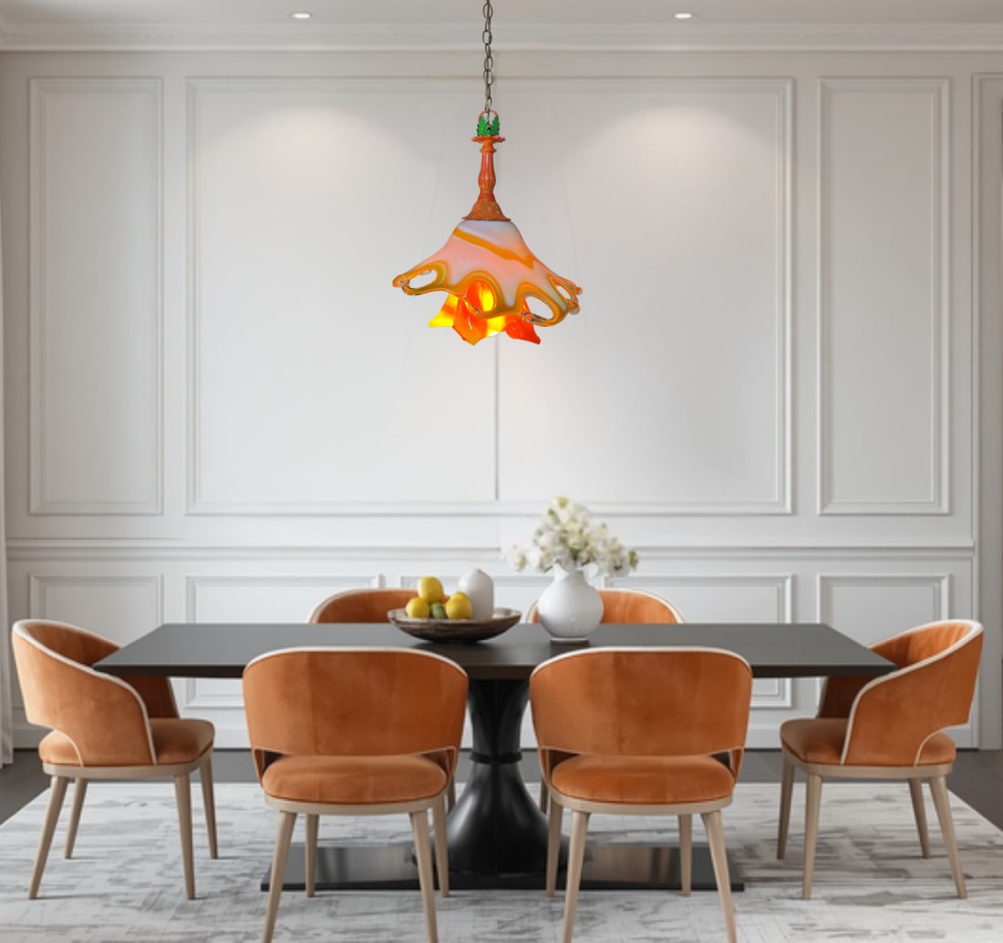 Murano Art Glass Looped Abstract Orange White Pendant Light - 8