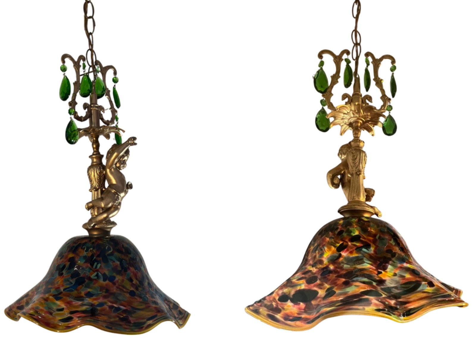 Signed Confetti Art Glass Shade Cherub Pendant Light - 11