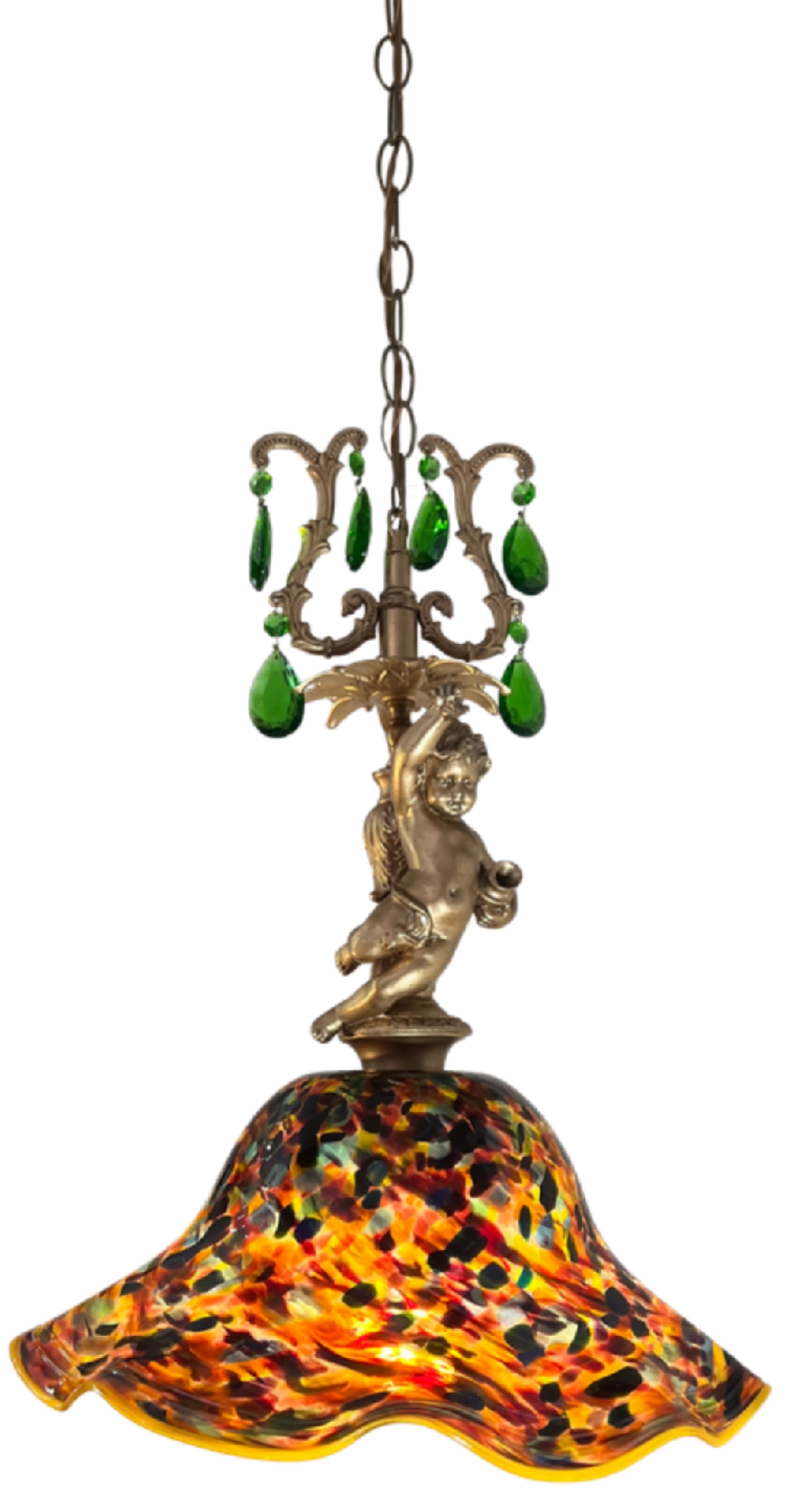 Signed Confetti Art Glass Shade Cherub Pendant Light - 13