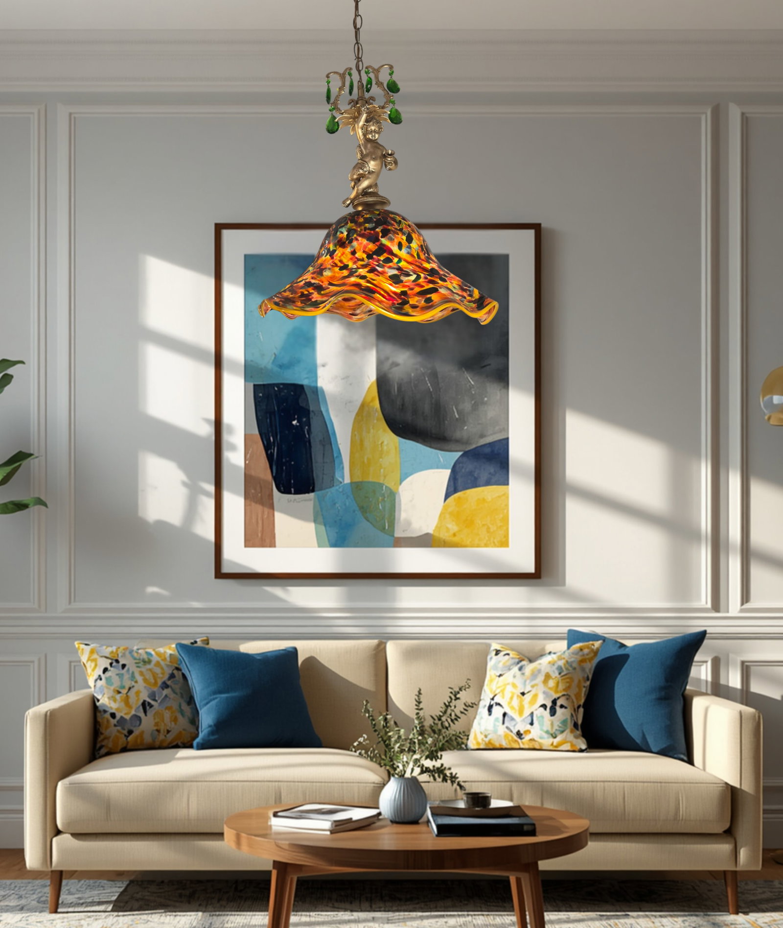 Signed Confetti Art Glass Shade Cherub Pendant Light - 15