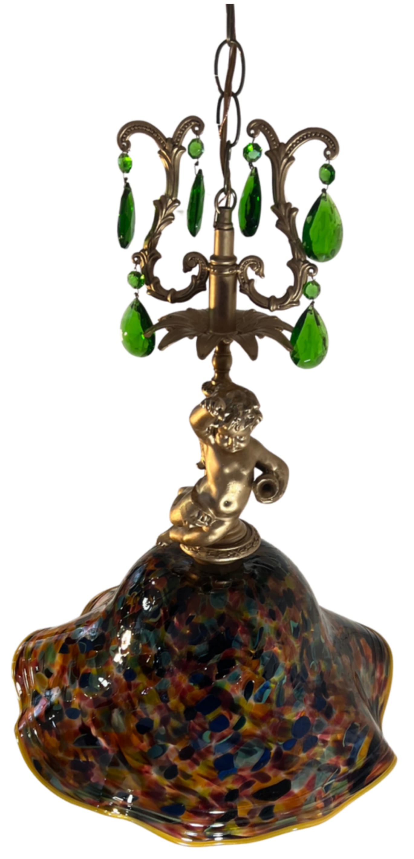 Signed Confetti Art Glass Shade Cherub Pendant Light - 16