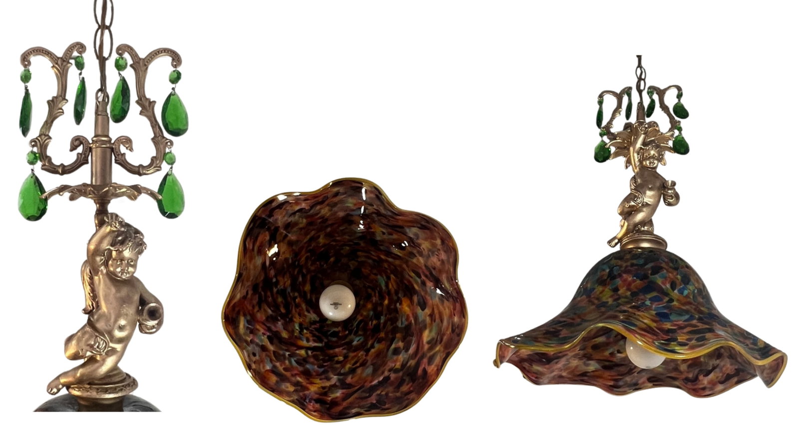 Signed Confetti Art Glass Shade Cherub Pendant Light - 17