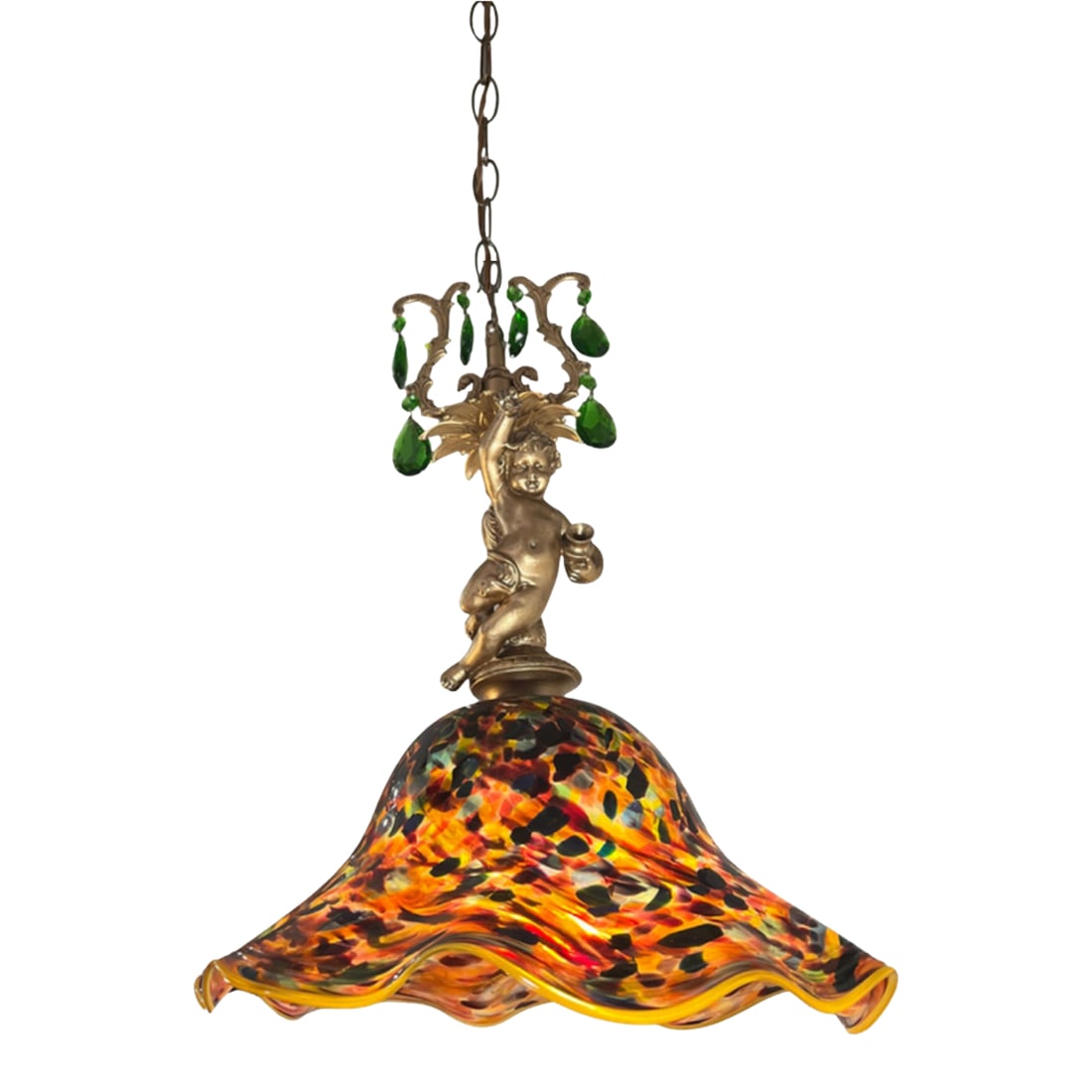 Signed Confetti Art Glass Shade Cherub Pendant Light: This one"‘of"‘a"‘kind pendant light combines a contemporary handblown art"‘glass shade with vintage brass tone components. The shade is a fazzoletto form with a soft, ruffled