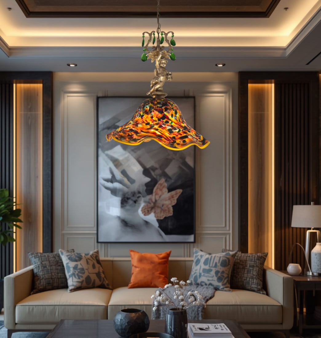Signed Confetti Art Glass Shade Cherub Pendant Light - 3