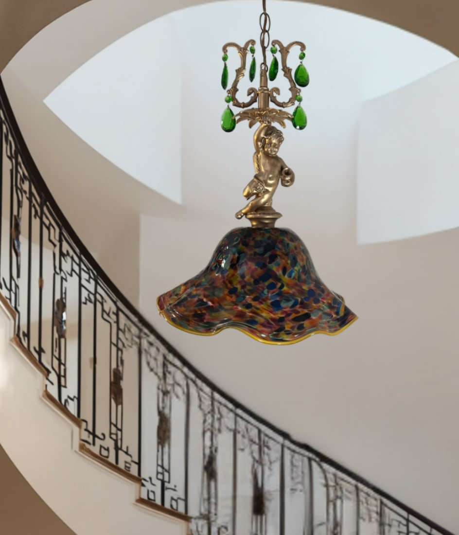 Signed Confetti Art Glass Shade Cherub Pendant Light - 5