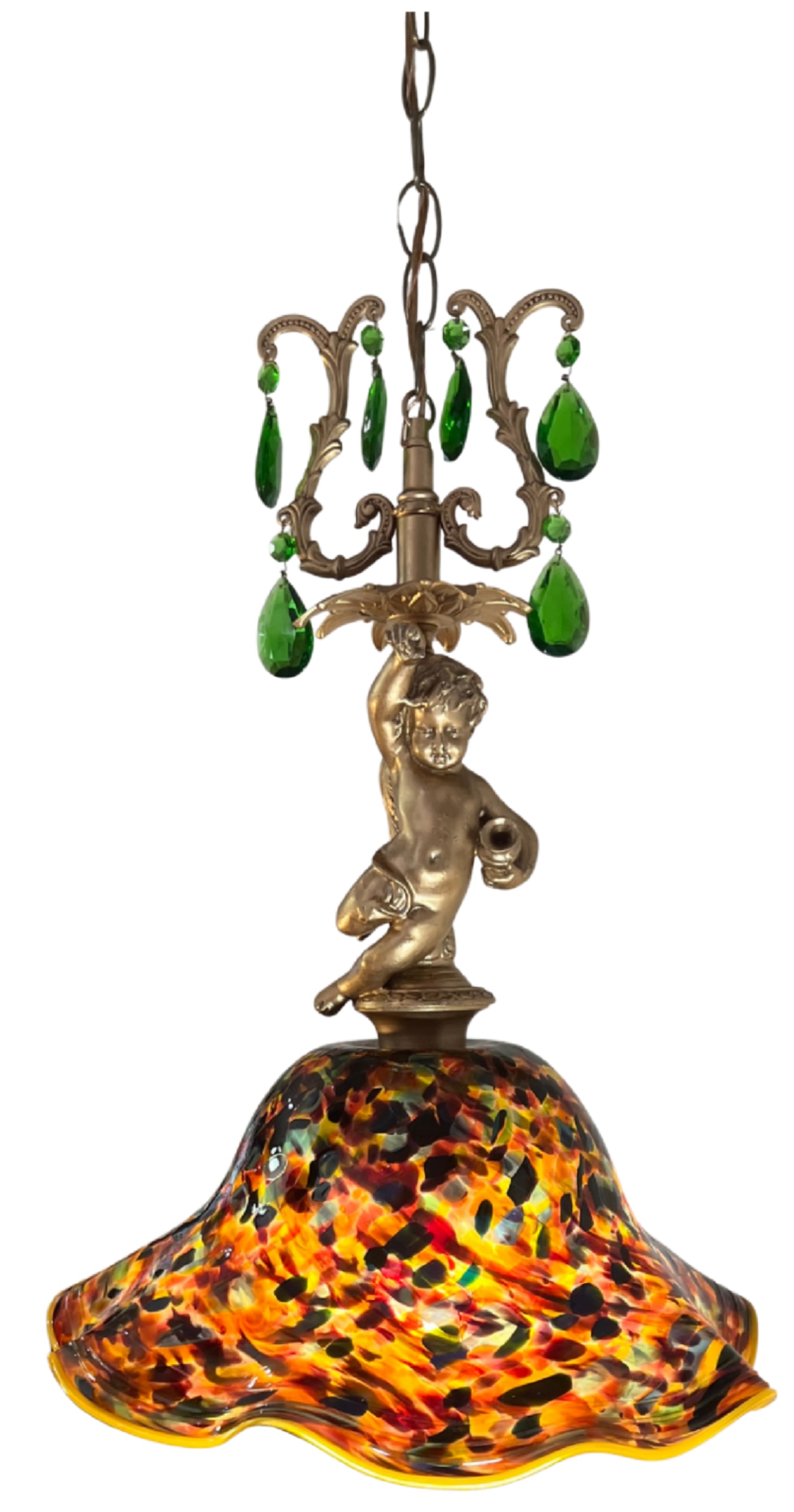 Signed Confetti Art Glass Shade Cherub Pendant Light - 6
