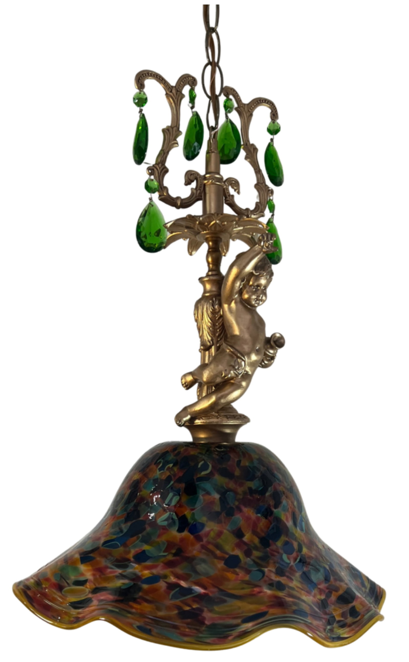 Signed Confetti Art Glass Shade Cherub Pendant Light - 7