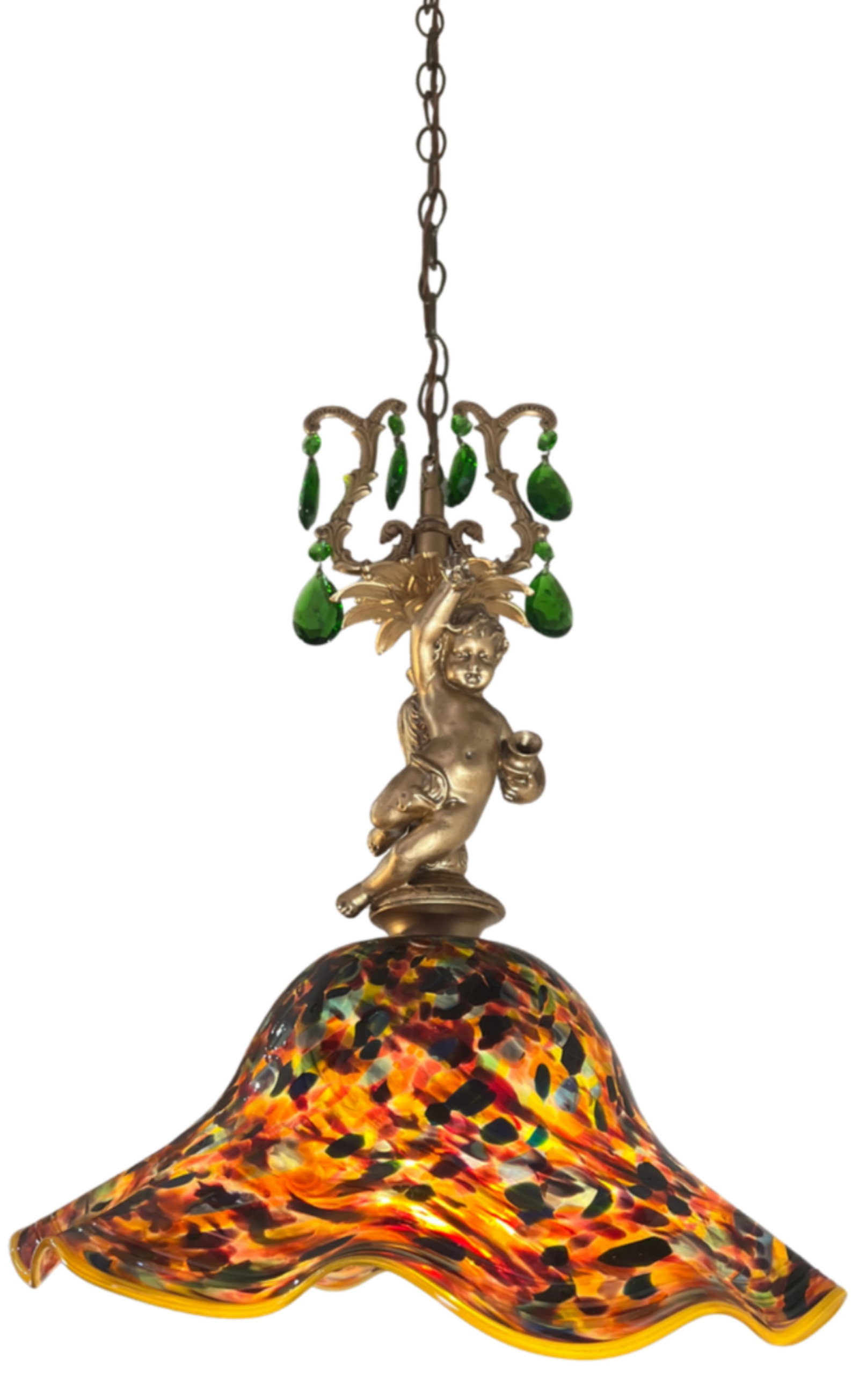 Signed Confetti Art Glass Shade Cherub Pendant Light - 9
