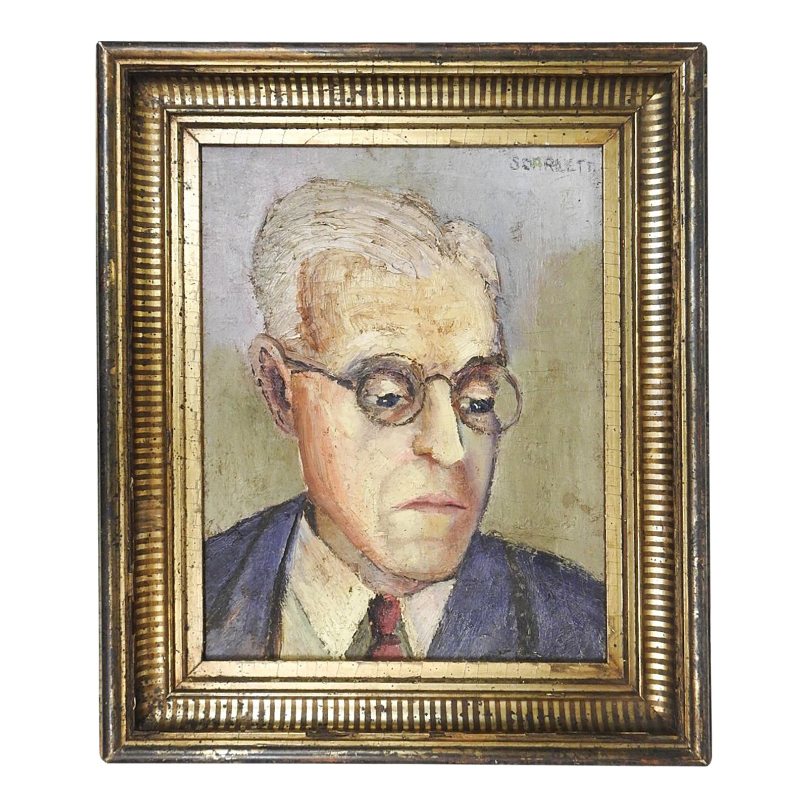 Early 20th Century Portrait of Serious Man With Glasses Painting (1 of 7)