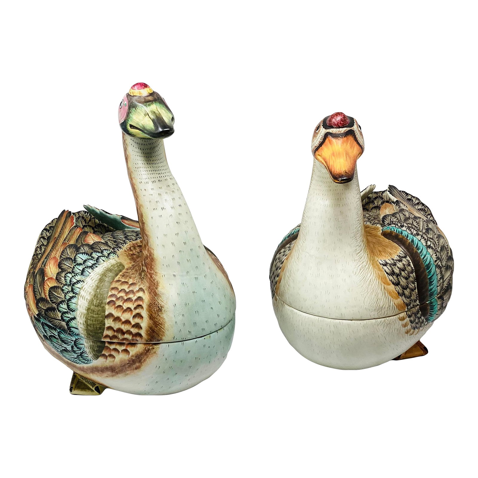 Rare Set of Vintage Mottahedeh Polychrome Geese Tureens: Set Mottahedeh large hand painted geese tureens. Reproduction of 18th C Chine export. Largest tureen is 15" Hx 14" Lx 10.5" W. Smaller tureen is 13" H x 15"L x 9.75" W. Mint condition. Condition: