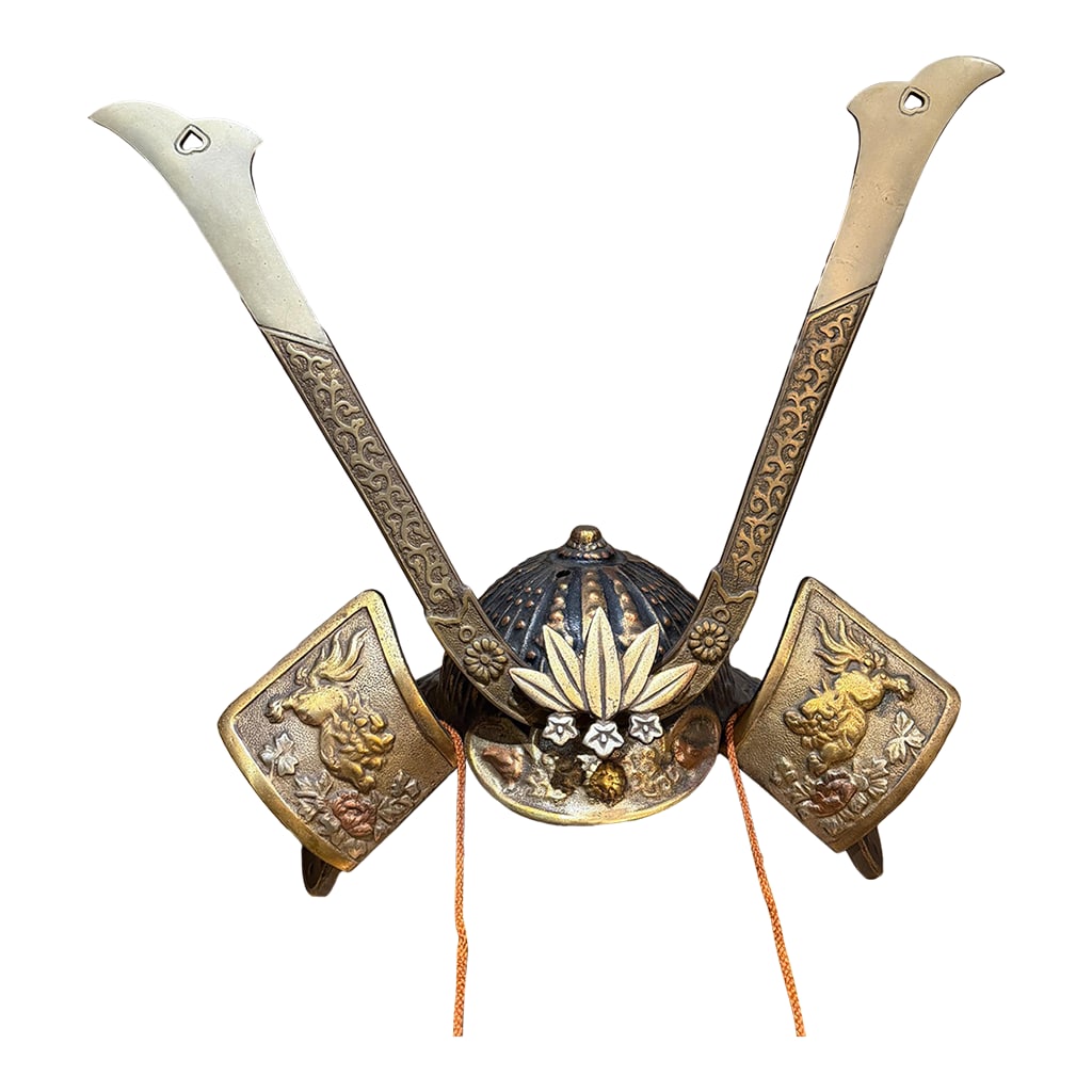 Japanese Kabuto Samurai Helmet Display Sculpture in Bronze: For your consideration, a Japanese kabuto (samurai helmet) replica often displayed for Children's Day. These helmets are traditionally displayed on May 5th to wish for the strength and courage of chil