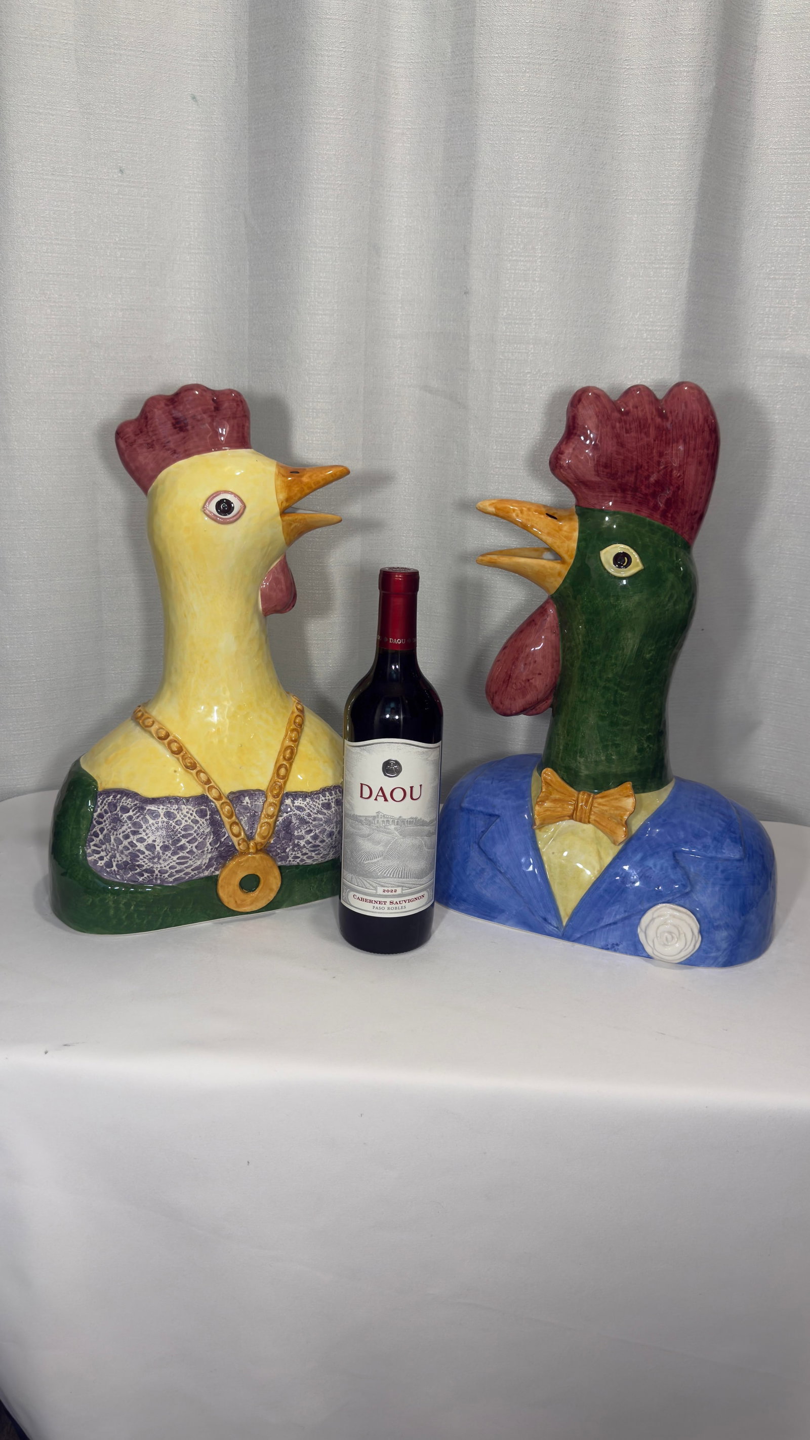 Late 20th Century Hand-Painted Italian Majolica Rooster and Hen Busts - 3