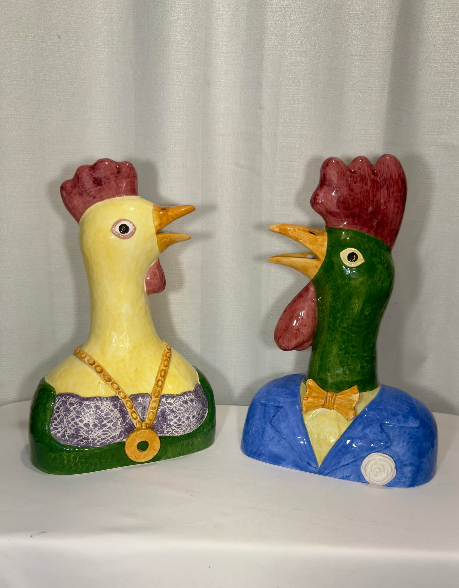 Late 20th Century Hand-Painted Italian Majolica Rooster and Hen Busts - 4