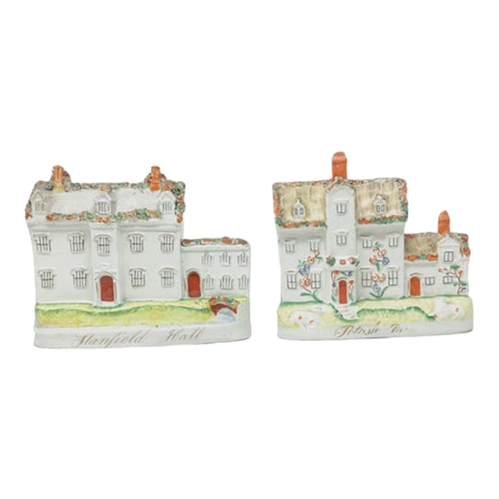 Staffordshire Infamous "Potash Farm" and "Stanfield Hall" Set of 2: Staffordshire figurines often depict important persons and events in British History. These two flat back fsouvenirs depic the scene of a notorious 1848 double murder near Norwich, England.public