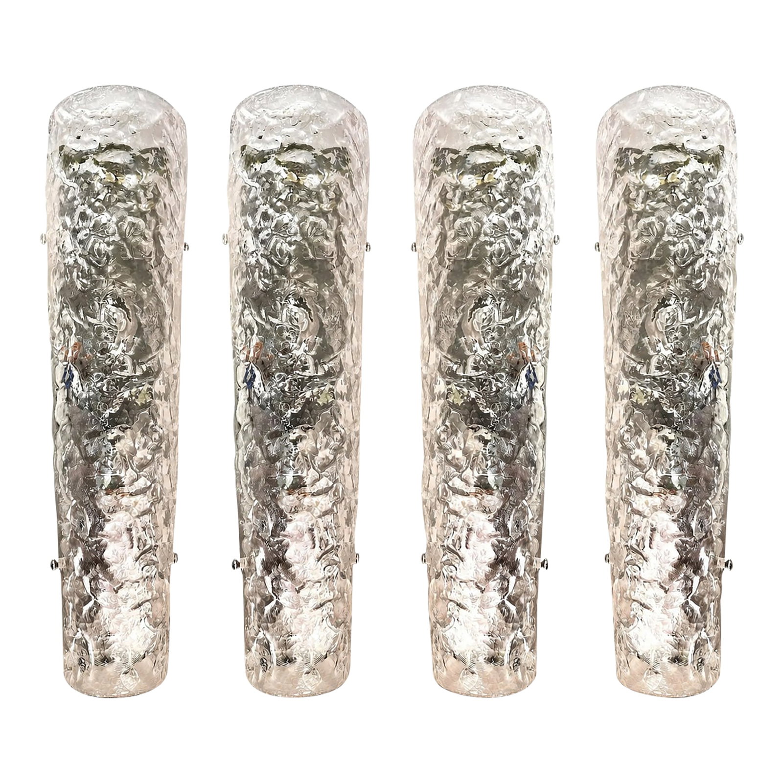 Elegant Transparent Hammered Glass Wall Sconces With Italian Murano Influence - Lot of 4: Contemporary luxury modern wall sconces made in transparent hammered Murano glass. Set of two impressive pieces in chromed metal finishes. Hight italian craftamnship, all piece is unique, hand-made. T