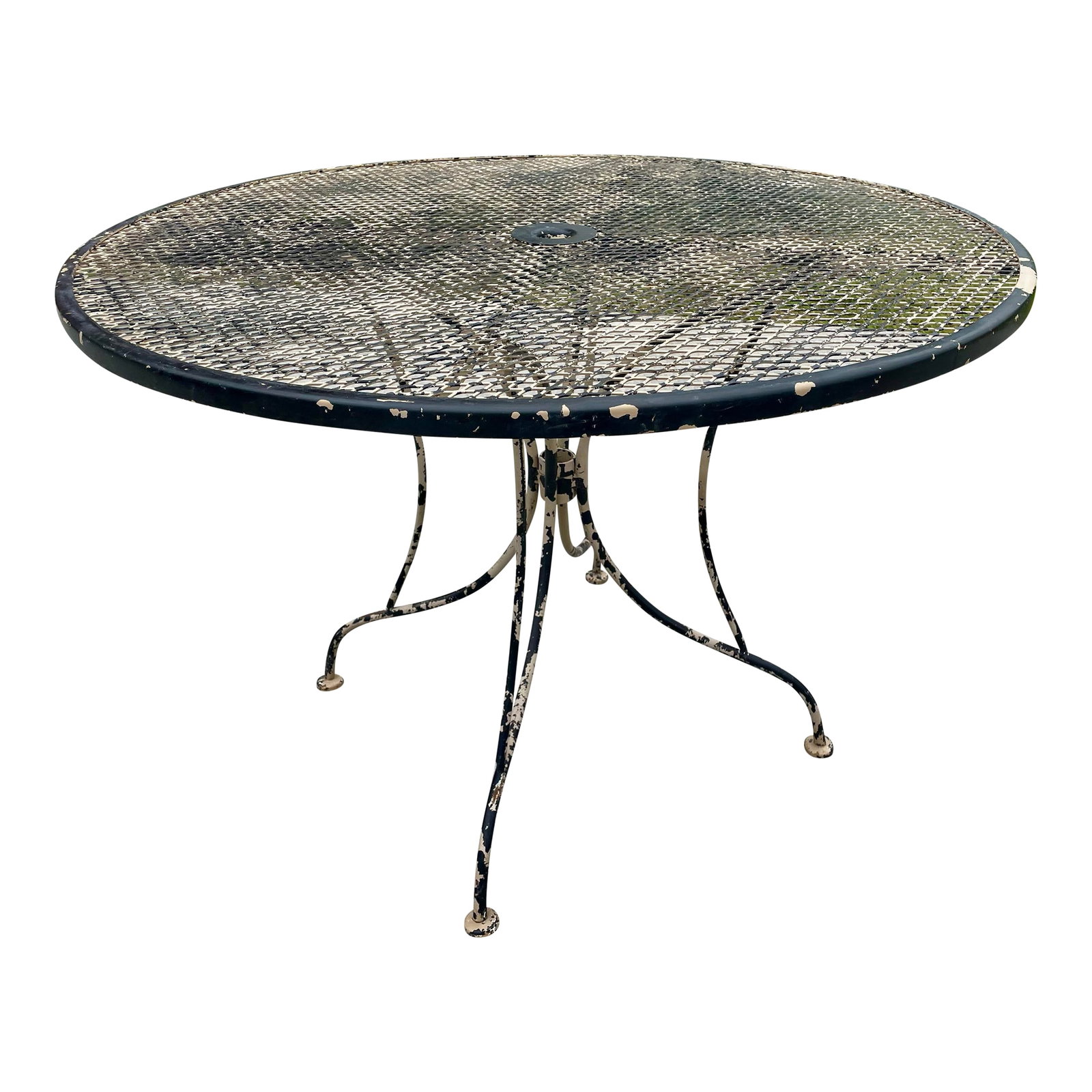Mid 20th Century Round Wrought Iron Table W/Umbrella Hole Mesh Top Salterini Woodard Style Outdoor: This is a very classic and good looking round outdoor or patio table with a hole for an umbrella and spider legs. It is in the style of Salterini or Woodard and would work well with either. It looks l