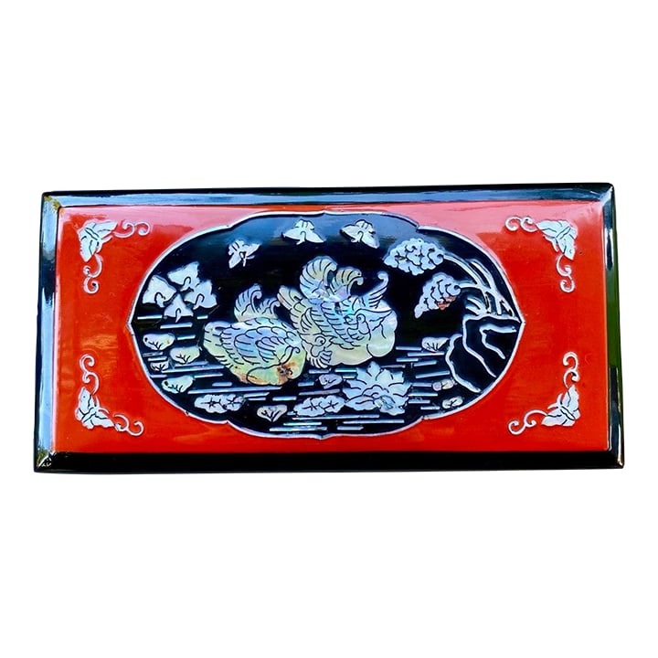Mid 20th Century Japanese Red & Black Lacquer Cigarette Box With Mother-of-Pearl Inlay & Brass Ash R: A striking mid-century Japanese lacquer smoking box or decorative table accessory featuring dramatic red and black lacquerwork with luminous mother-of-pearl inlay depicting stylized waterfowl amid