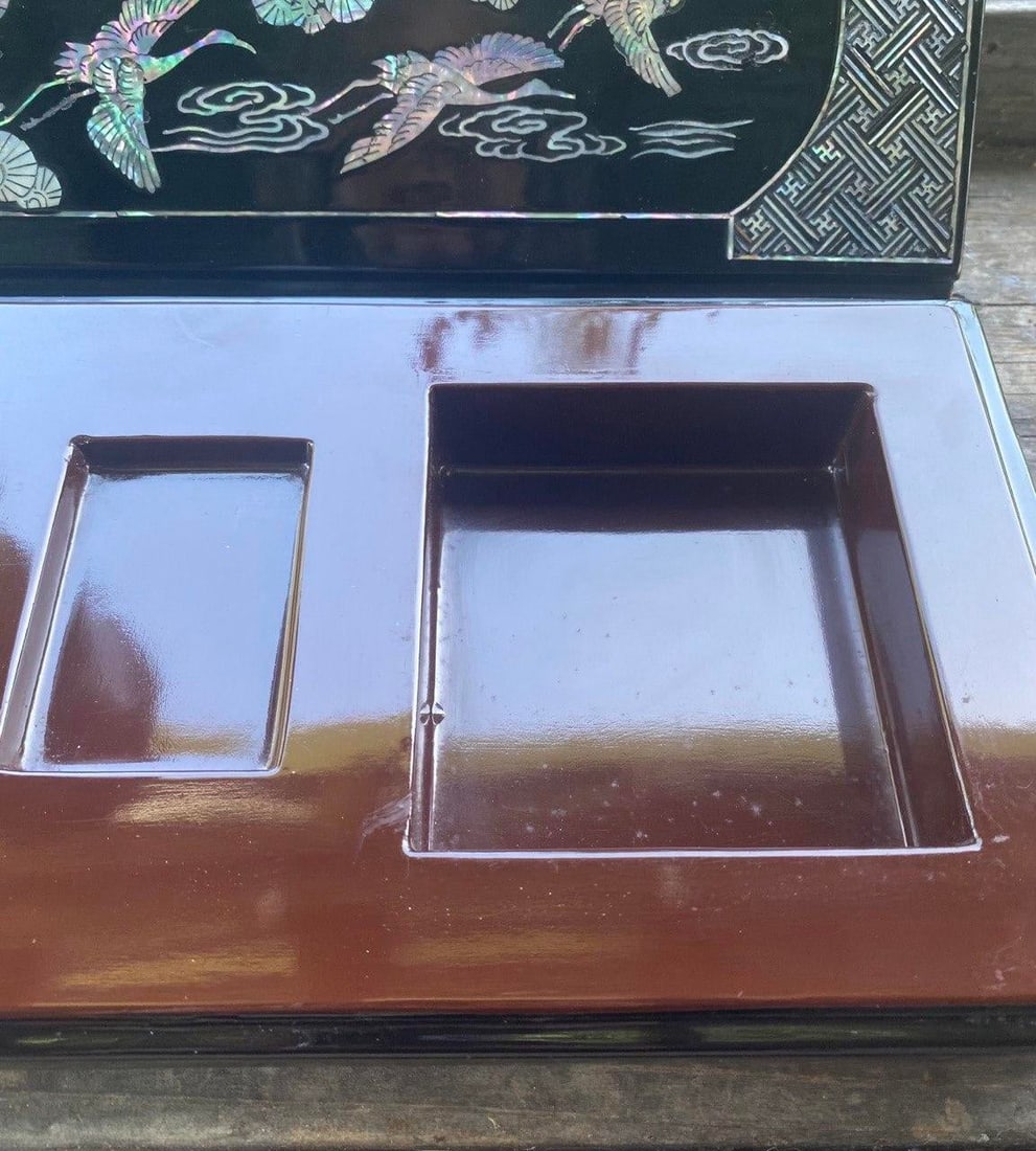 Large Vintage Korean Black Lacquer Mother-of-Pearl Scholar's Box With Brass Dish Insert - 14