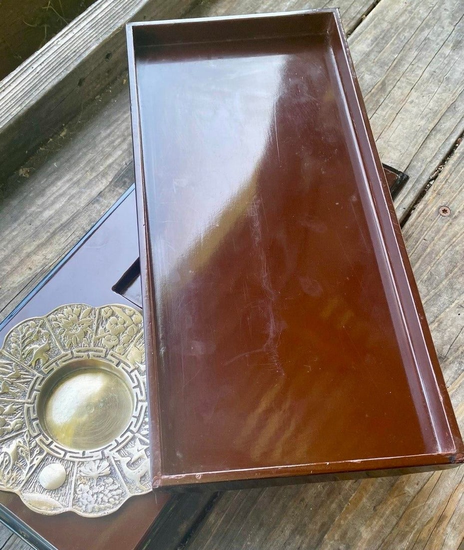 Large Vintage Korean Black Lacquer Mother-of-Pearl Scholar's Box With Brass Dish Insert - 16