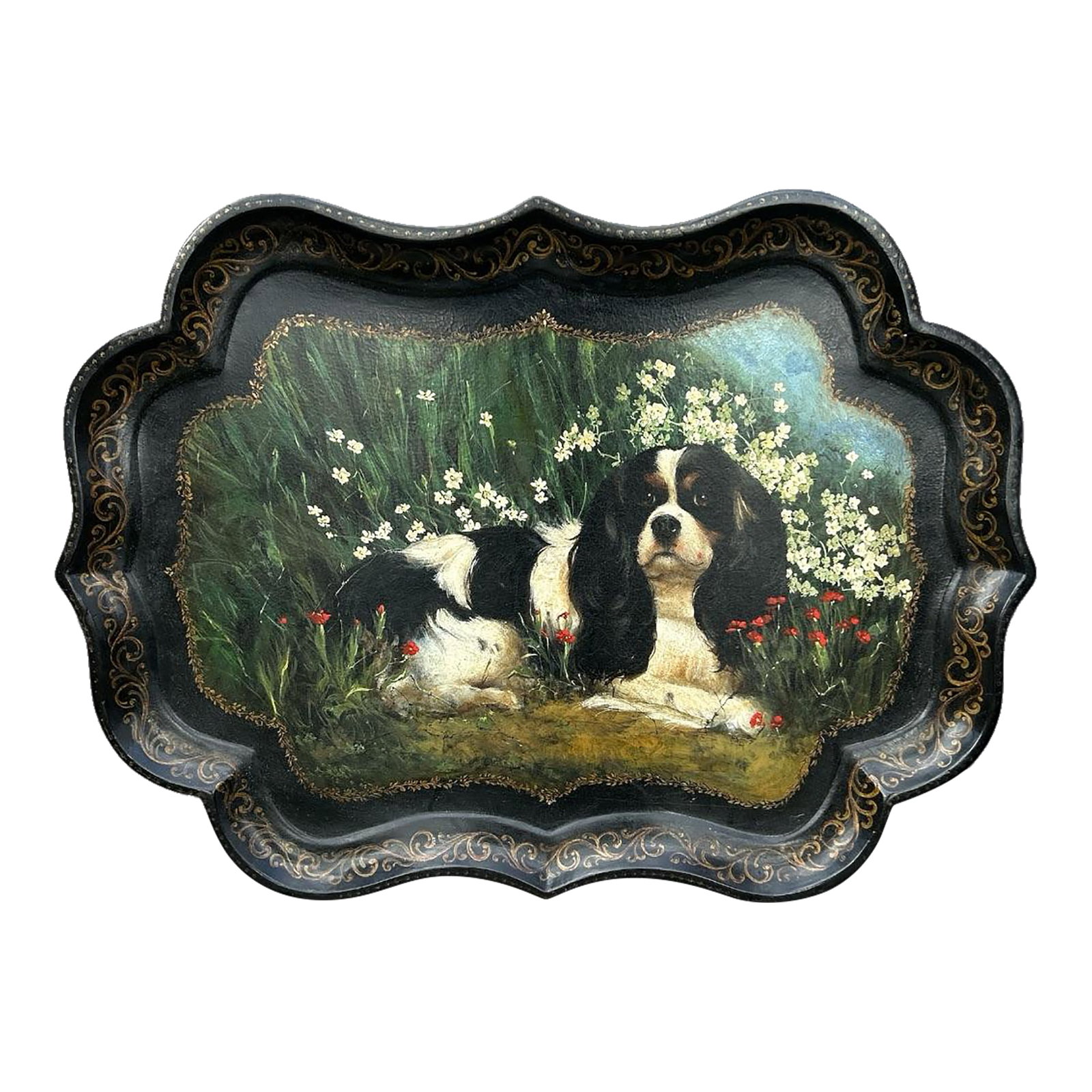 Hand Painted Vintage Paper Mache Tray: This is a Cavalier King Charles Spaniel lovers dream! This gorgeous large serving tray showcases a Cavalier King Charles Spaniel lying in a field of wild flowers. It's bordered in a simple, small