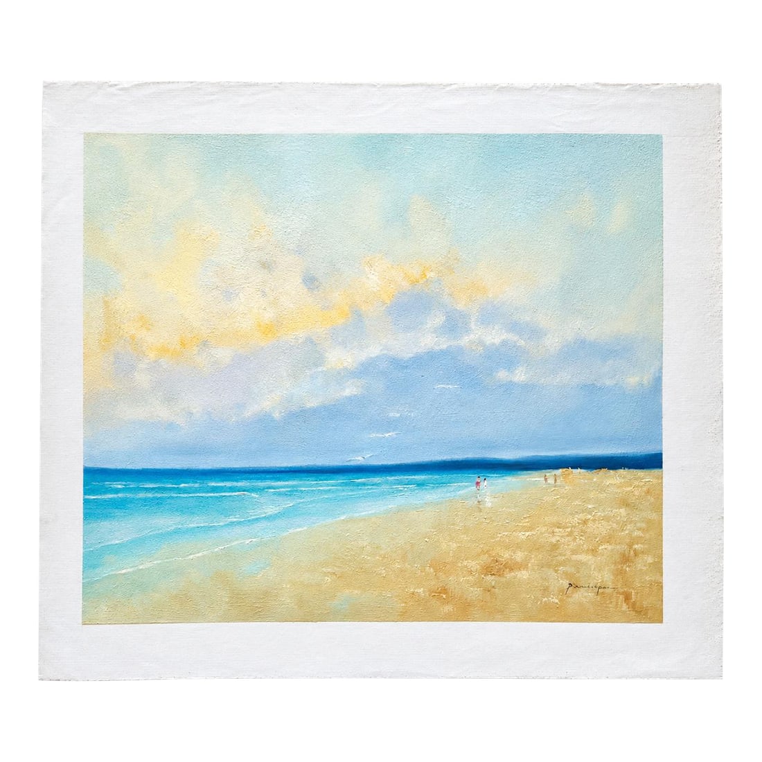 Serene Coastal Abstract Beach Scene - Original Oil on Canvas, by Arciero: Original oil on canvas, signed by artist Dion Arciero, circa 2024. Arciero uses an impressionistic style to capture this serene beach scene. The artwork features a sweeping view of pristine beach