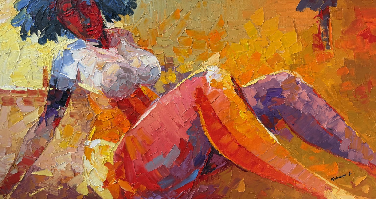 At Ease in Her Own Light, by Godfrey Afebuame , Oil Painting With Knife on Canvas (2026): In At Ease in Her Own Light, Godfrey Afebuame explores the quiet intersection of personal sovereignty and luminous atmosphere. Utilizing his signature heavy impasto technique, Afebuame applies rich,
