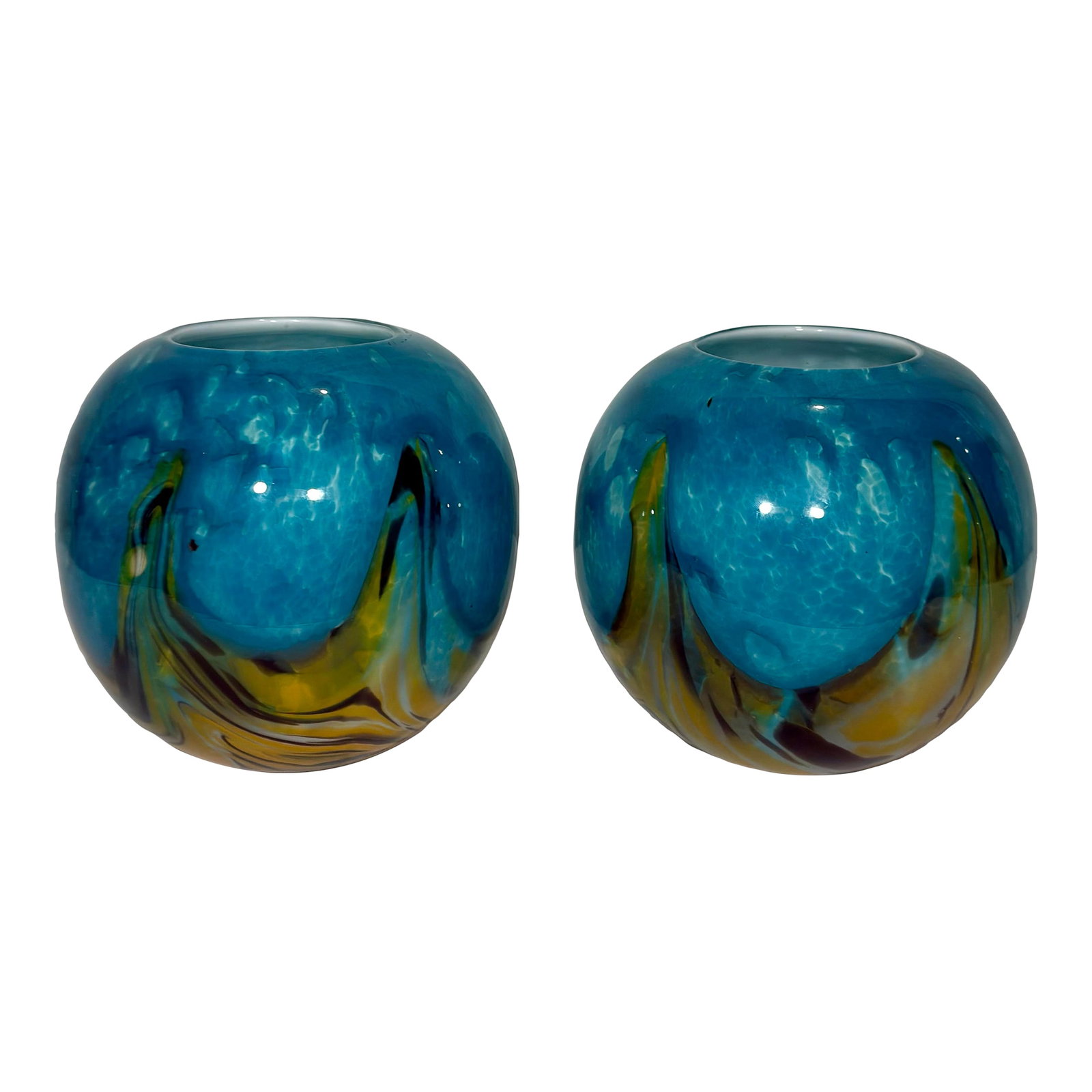 Late 20th Century Palm Beach Regency Mdina Style Hand-Blown Mottled Cased Art Glass Globe Vases - A: Dive into the sun-drenched glamour of the Mediterranean with this breathtakingly matched pair of vintage hand-blown art glass globe vases. Curated exclusively for the Turtle and Crane collection,