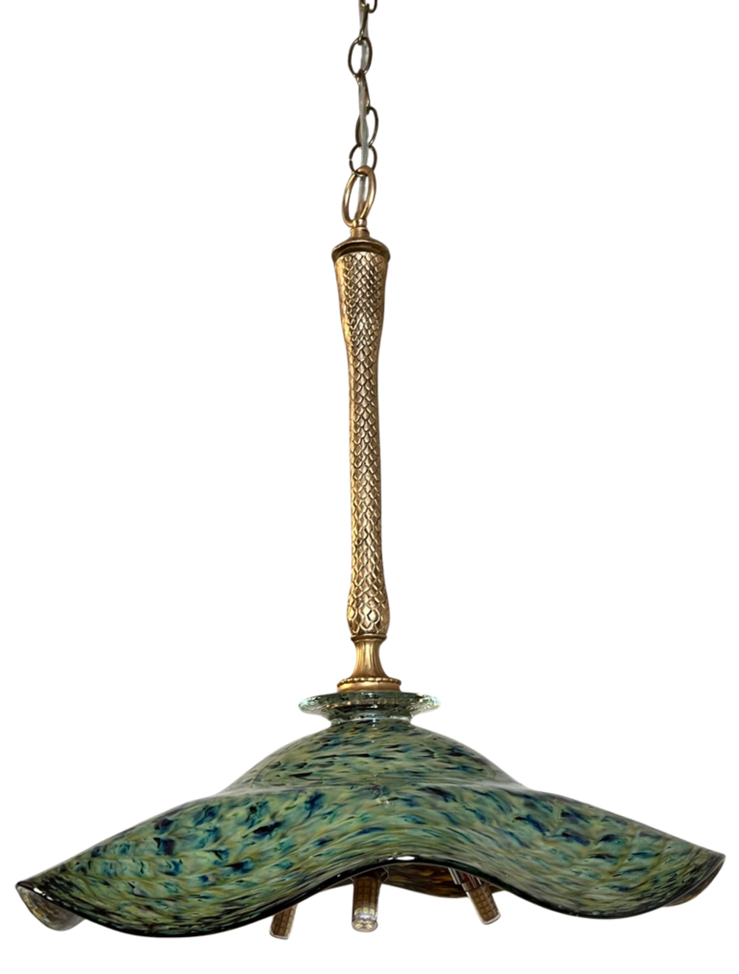 Ruffled Swirled Multicolor Green Art Glass and Brass Tone Pendant Light Signed R. Mynatt - 10