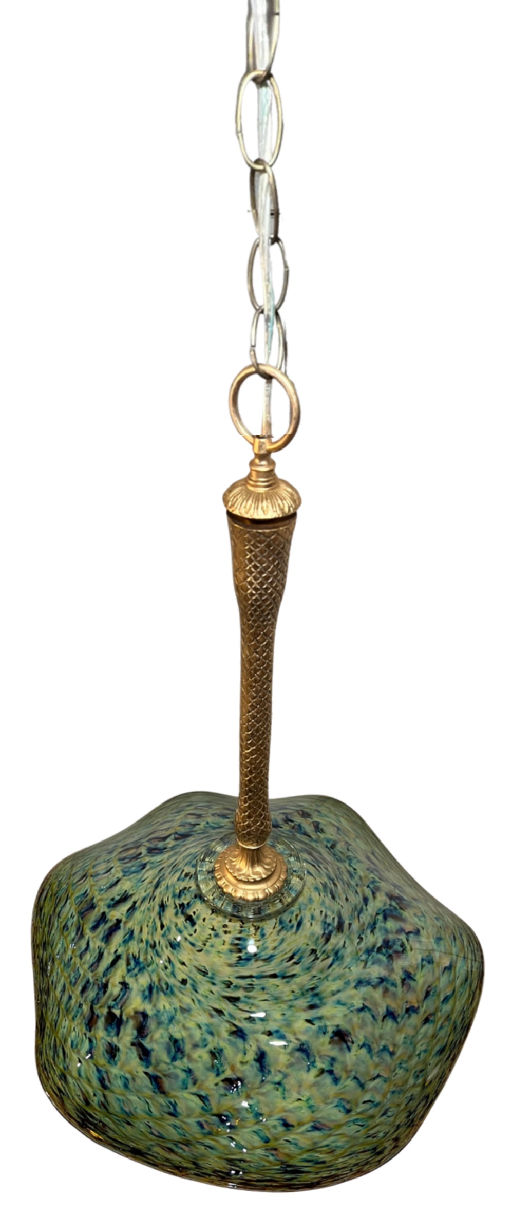 Ruffled Swirled Multicolor Green Art Glass and Brass Tone Pendant Light Signed R. Mynatt - 12