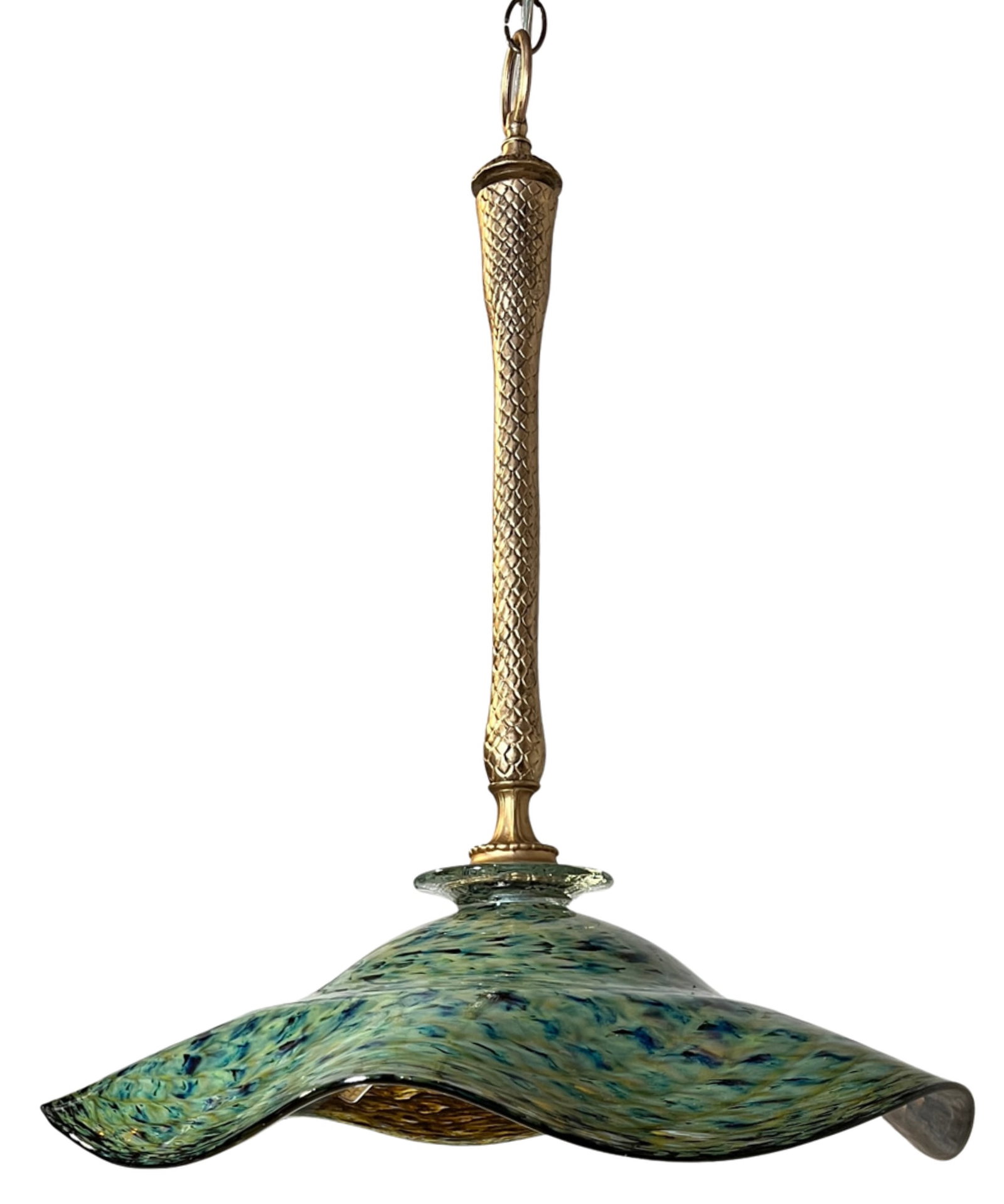 Ruffled Swirled Multicolor Green Art Glass and Brass Tone Pendant Light Signed R. Mynatt - 13