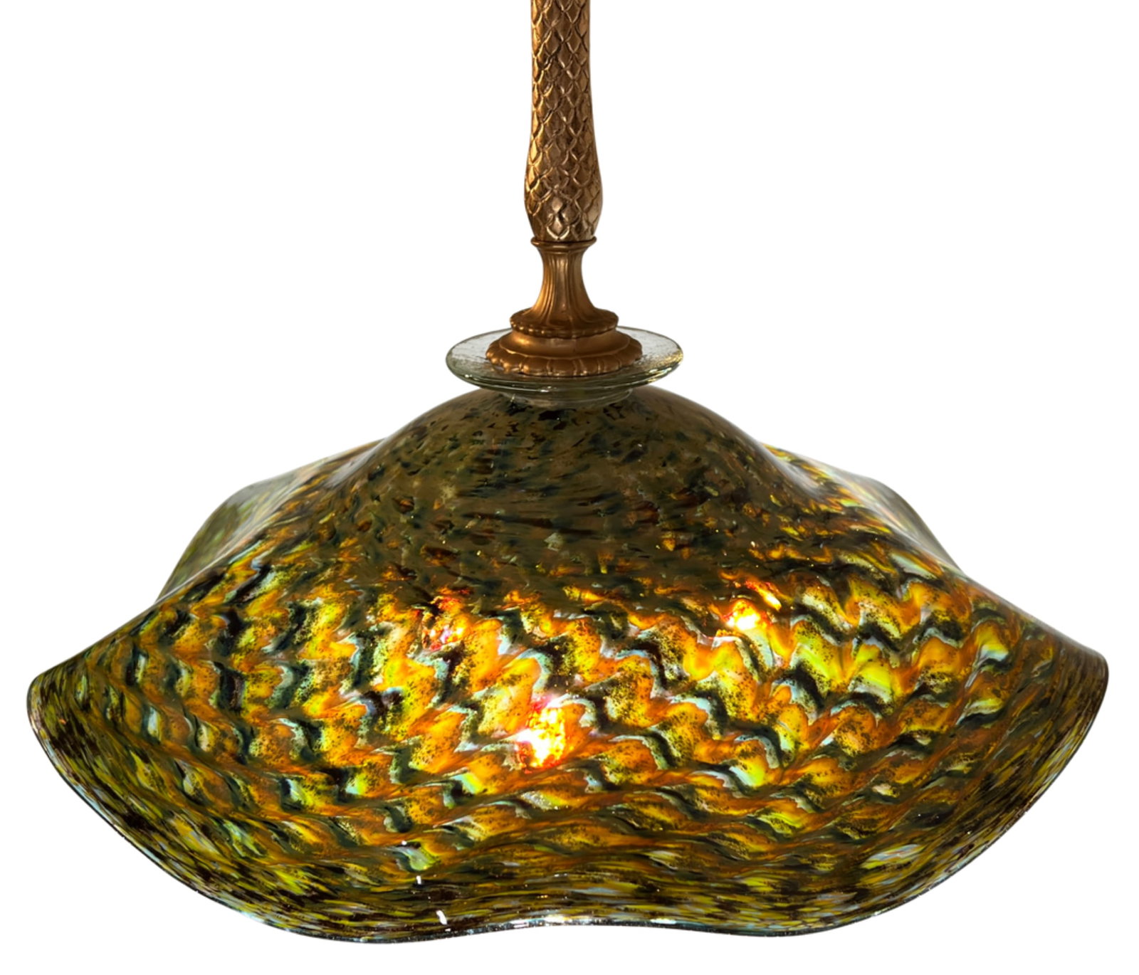 Ruffled Swirled Multicolor Green Art Glass and Brass Tone Pendant Light Signed R. Mynatt - 15