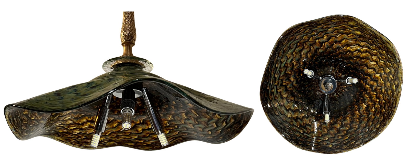 Ruffled Swirled Multicolor Green Art Glass and Brass Tone Pendant Light Signed R. Mynatt - 17