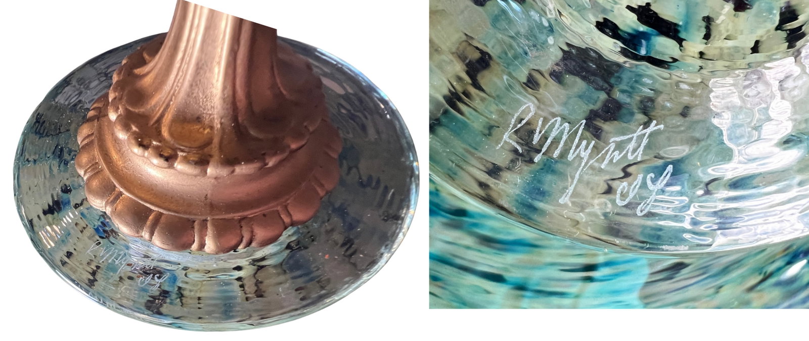 Ruffled Swirled Multicolor Green Art Glass and Brass Tone Pendant Light Signed R. Mynatt - 18
