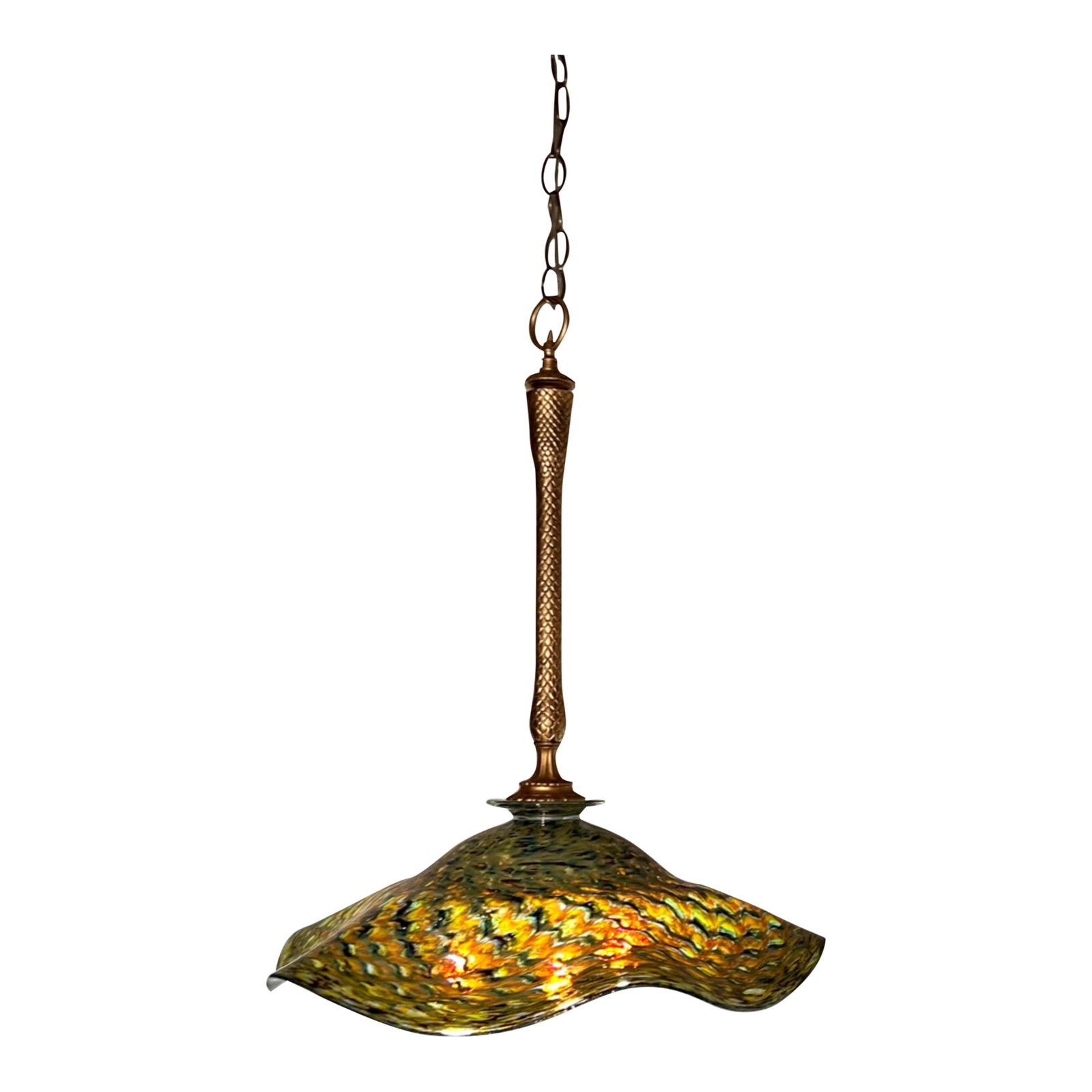 Ruffled Swirled Multicolor Green Art Glass and Brass Tone Pendant Light Signed R. Mynatt: This pendant light has the presence of a studio"‘crafted piece"”hand"‘blown glass by R. Mynatt paired with vintage metal components that give it a warm, transitional character. At