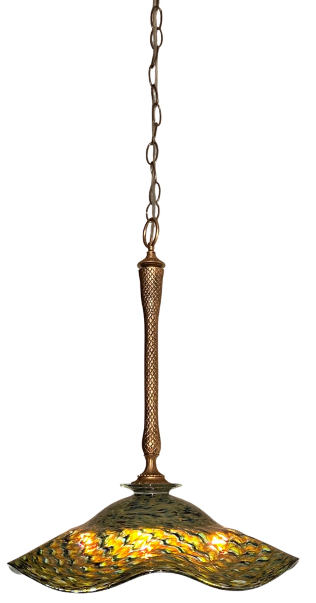 Ruffled Swirled Multicolor Green Art Glass and Brass Tone Pendant Light Signed R. Mynatt - 3