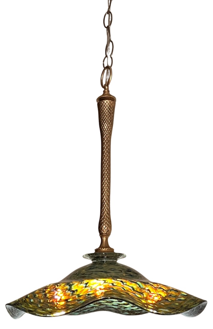 Ruffled Swirled Multicolor Green Art Glass and Brass Tone Pendant Light Signed R. Mynatt - 4