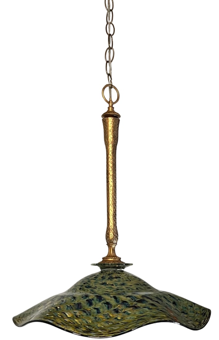 Ruffled Swirled Multicolor Green Art Glass and Brass Tone Pendant Light Signed R. Mynatt - 6