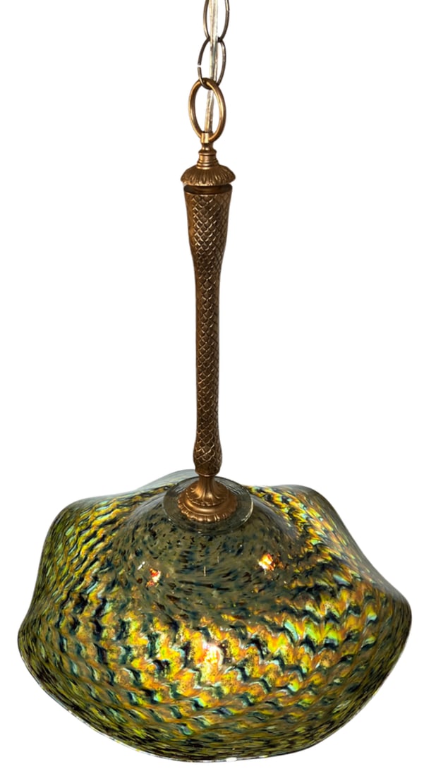 Ruffled Swirled Multicolor Green Art Glass and Brass Tone Pendant Light Signed R. Mynatt - 7