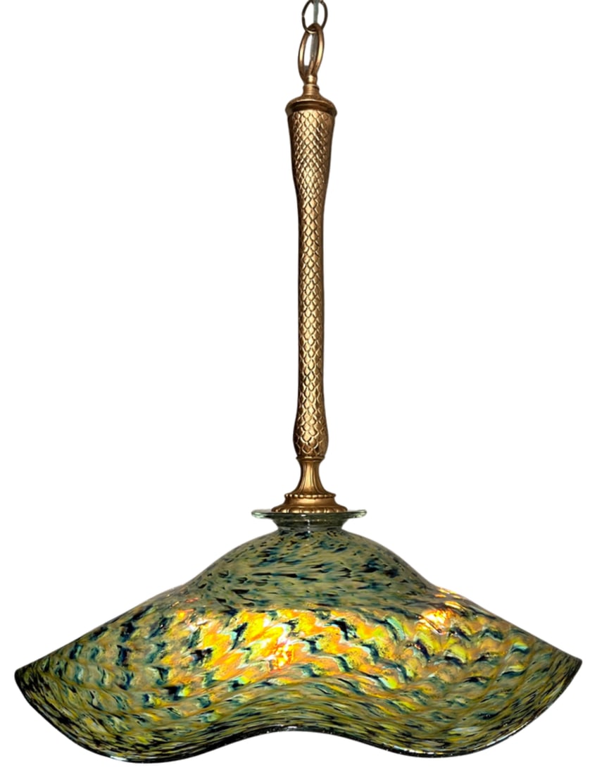 Ruffled Swirled Multicolor Green Art Glass and Brass Tone Pendant Light Signed R. Mynatt - 8
