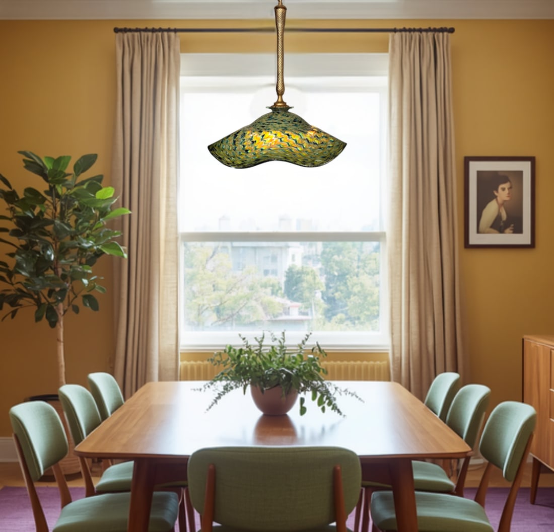 Ruffled Swirled Multicolor Green Art Glass and Brass Tone Pendant Light Signed R. Mynatt - 9