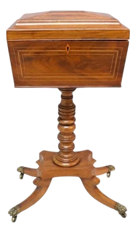 English Rosewood Tea Caddy With Satinwood Banding & Claw Feet 19thC: An 19th Century English Rosewood Tea Caddy, presented on a pedestal stand. This fine antique piece is crafted from rosewood, showcasing its distinctive grain, and is adorned with satinwood banding