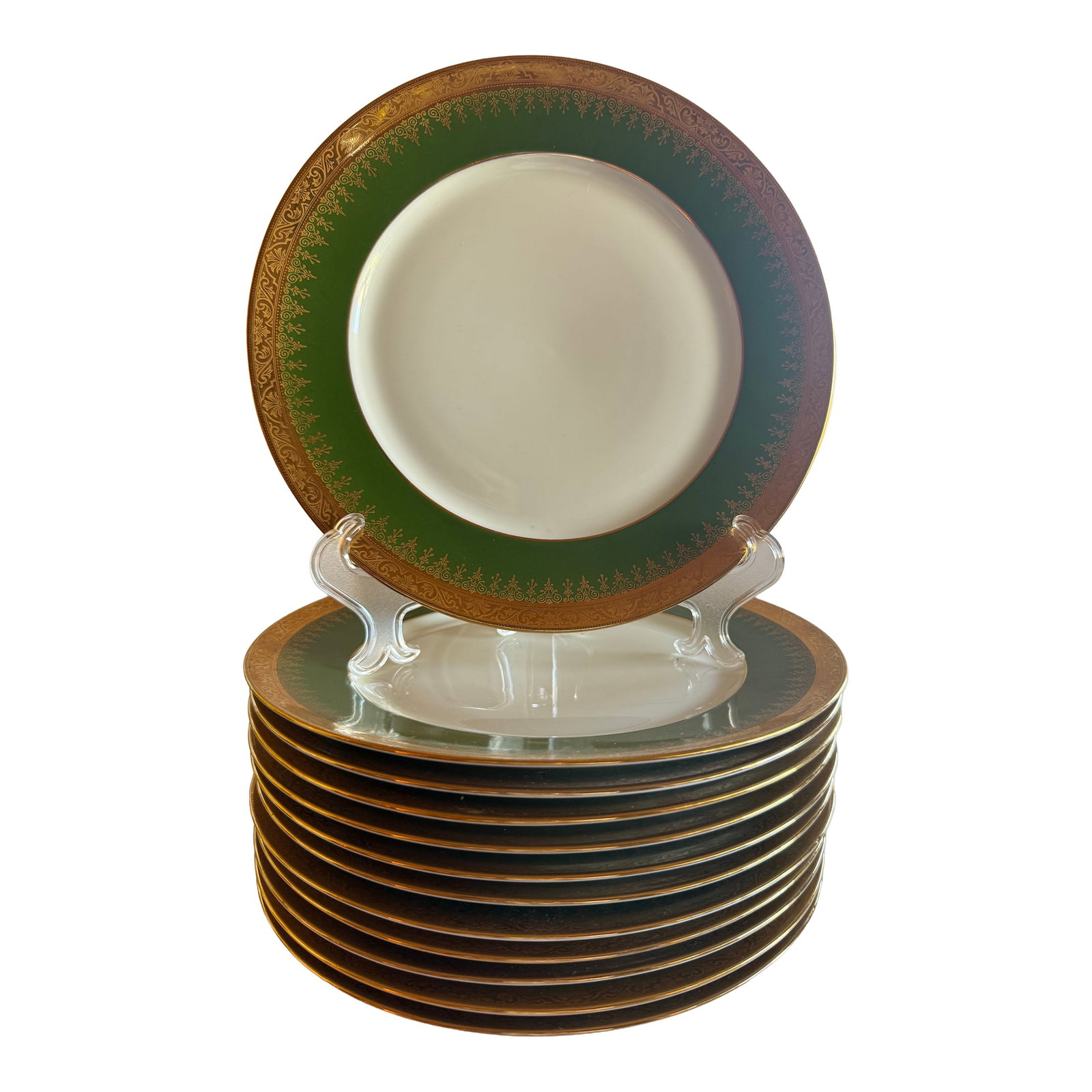 1900s Ch. Field Haviland Limoges France "Label De Qualité" Forest Green & Gold Encrusted 48-Pie: Ch. Field Haviland. A complete and magnificent formal service for twelve in the most imperious of colorways "” deep forest green and lavish gold encrustation on luminous white Limoges porcelain