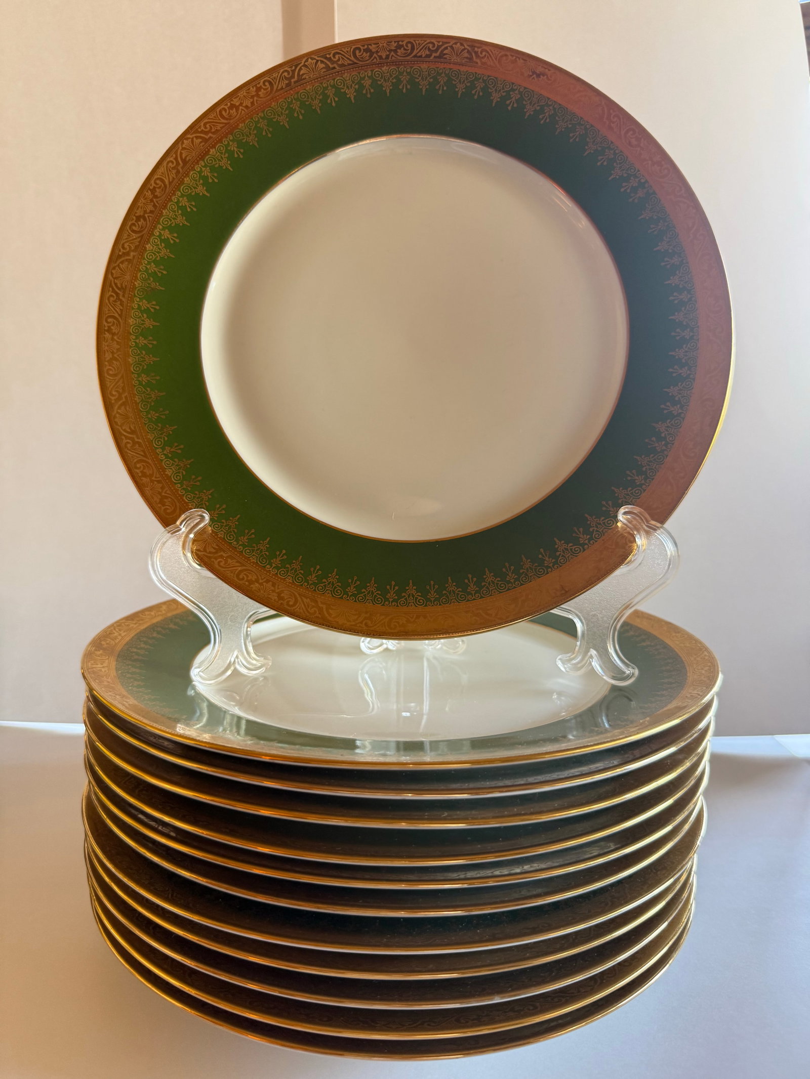 1900s Ch. Field Haviland Limoges France "Label De Qualité" Forest Green & Gold Encrusted 48-Pie - 7