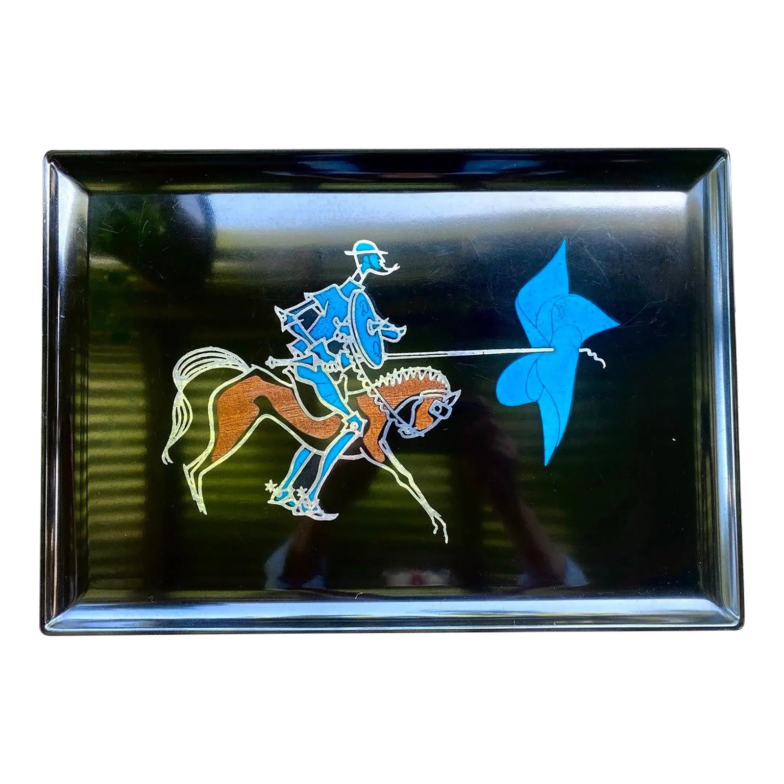 Vintage Couroc Monterey Don Quixote Horse & Rider Inlay Serving Tray – Rare Mid Century: Vintage Couroc of Monterey serving tray featuring an exceptionally rare and visually striking horse and rider design rendered in brilliant turquoise blue, silver, and warm wood-tone inlay against