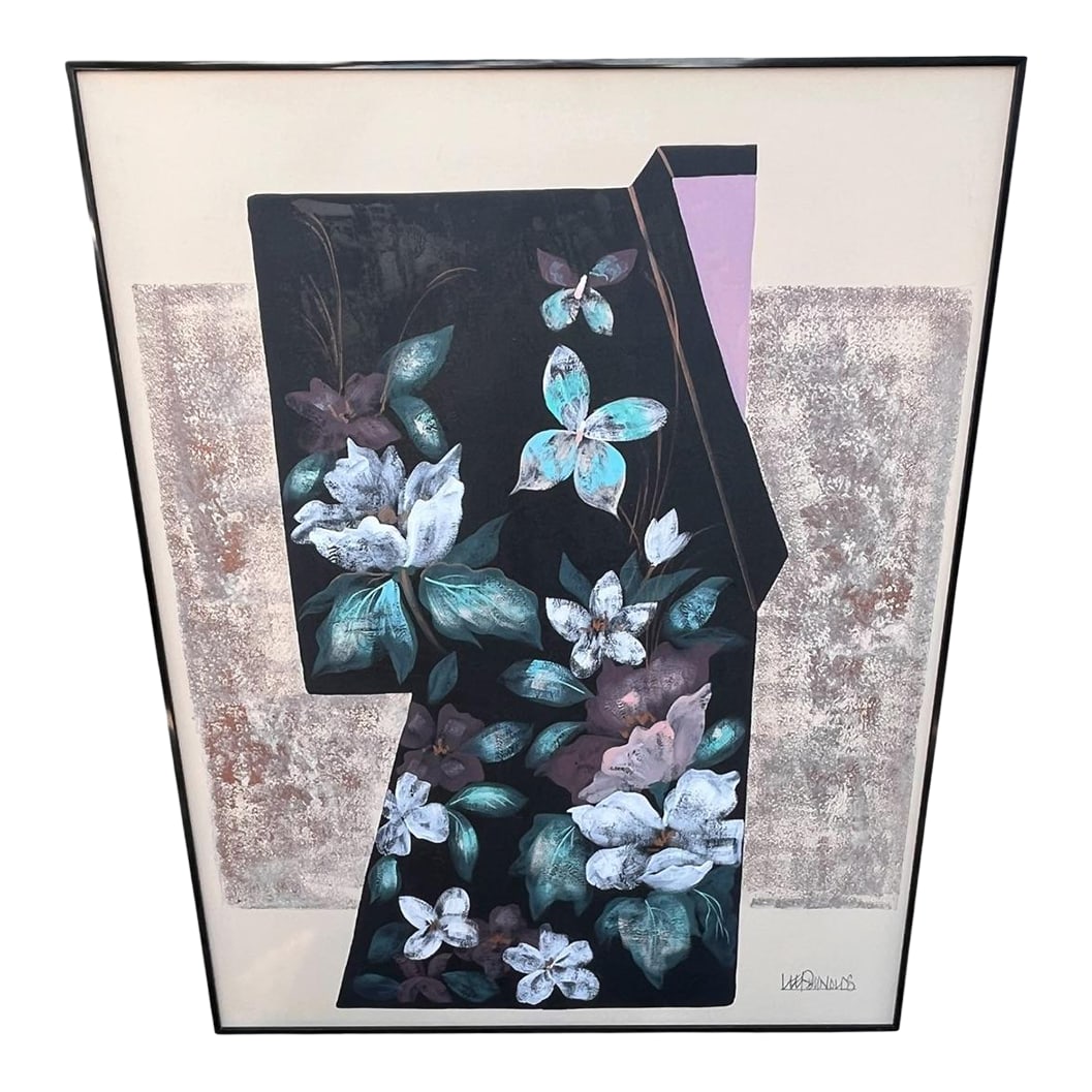 Large Vintage Lee Reynolds Floral Abstract Oil Painting – Mid-Century Modern Geometric: Striking vintage oil on canvas by Lee Reynolds of Vanguard Studios, dating to the 1970s. This piece features a bold geometric silhouette filled with layered floral forms in a sophisticated palette of