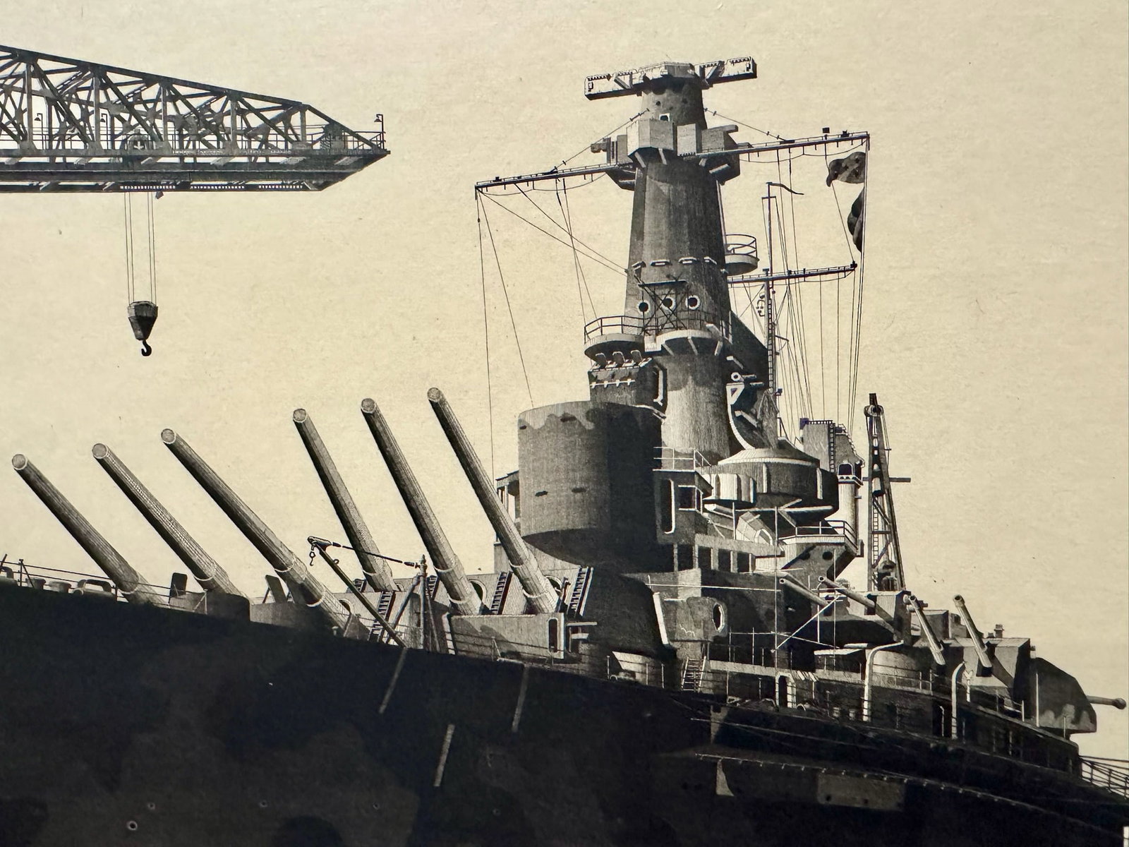 John Taylor Arms Ww2 Etching Us Navy Battleship at Shipyard Signed 1944 - 2