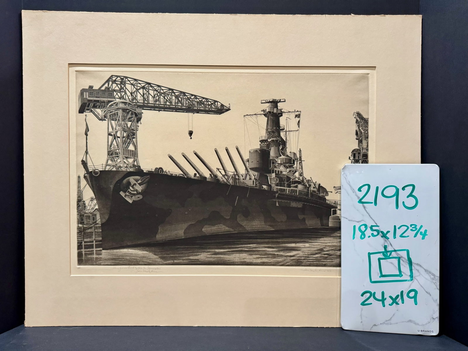 John Taylor Arms Ww2 Etching Us Navy Battleship at Shipyard Signed 1944 - 8