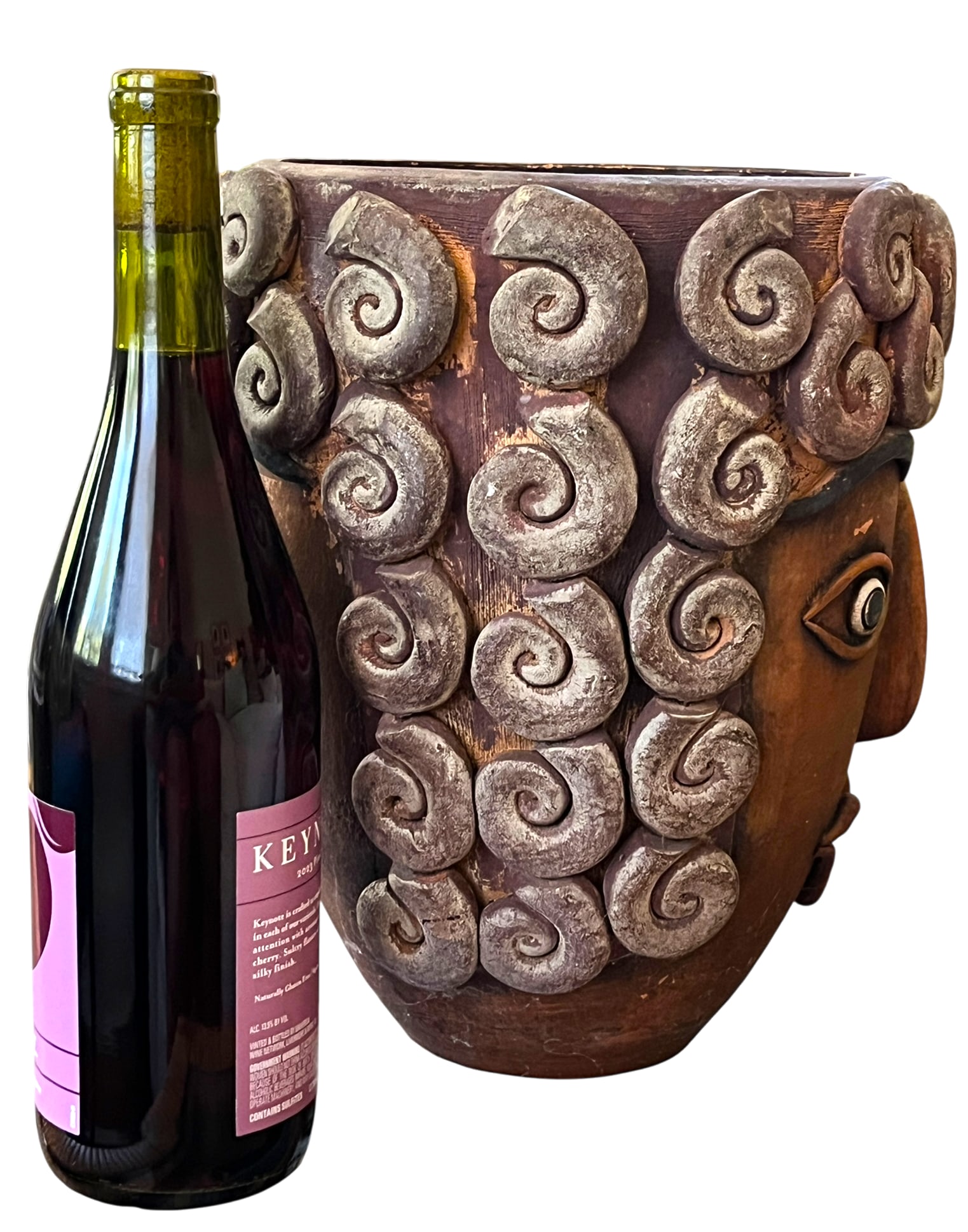 1960s Monumental Handcrafted Mexican Terra Cotta Janus Head Planter / Vessel With Spiral Relief Moti - 2